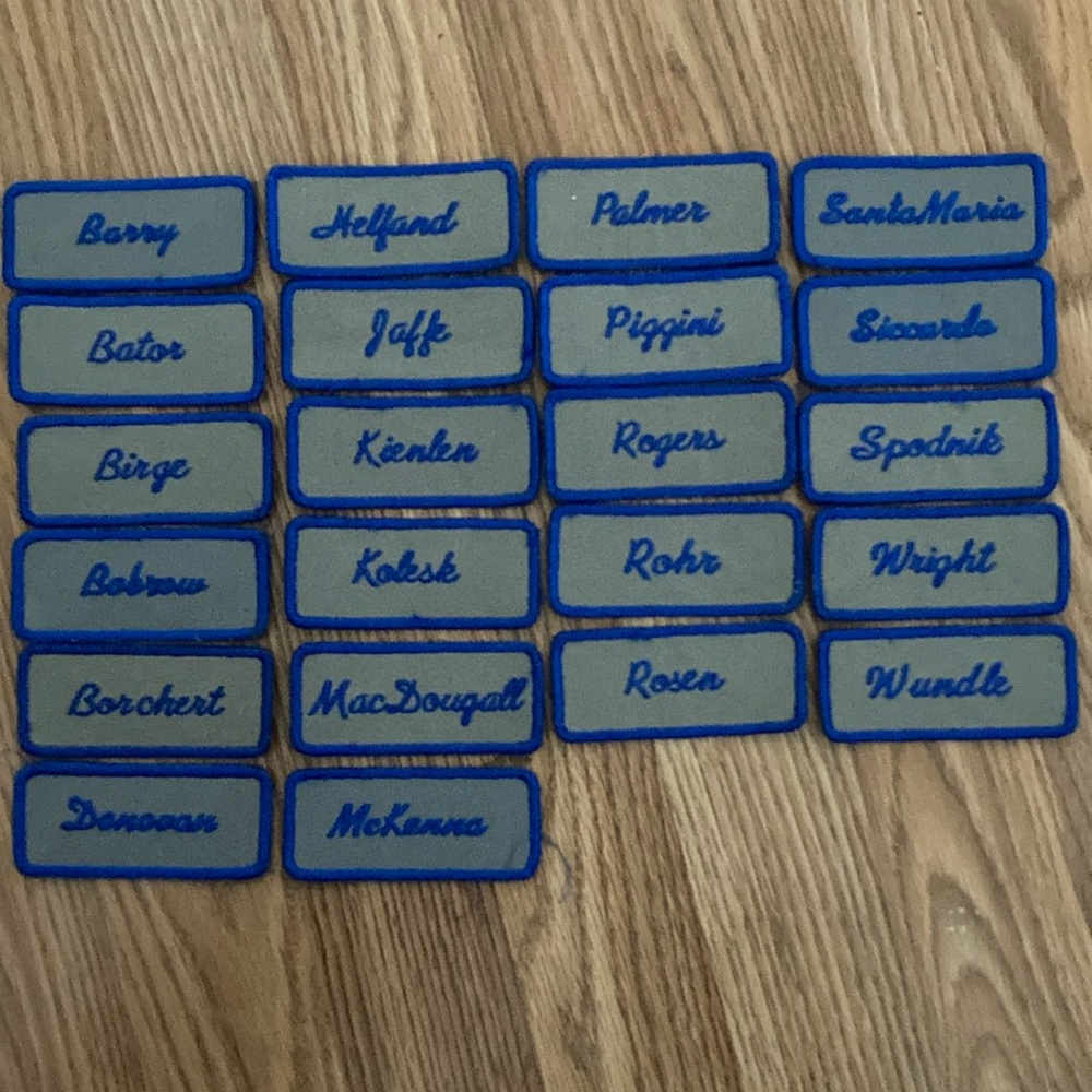 22 Individual Surname Blue Embroidery on Gray Fabric Name Patches